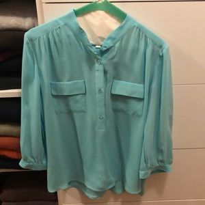 Parker, sky blue %100 silk blouse, size XS